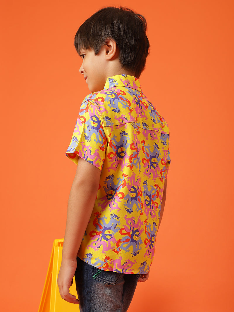 Boys Printed Yellow Rayon Regular Fit Half Sleeve Shirt