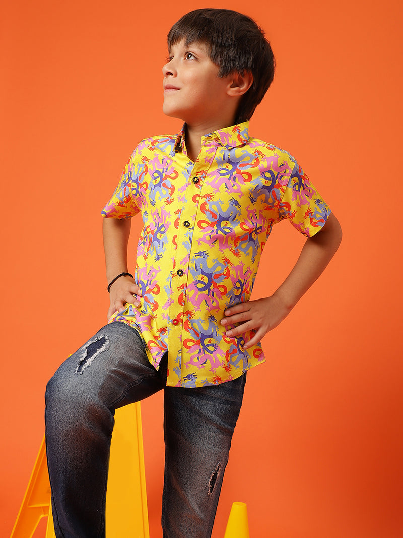 Boys Printed Yellow Rayon Regular Fit Half Sleeve Shirt