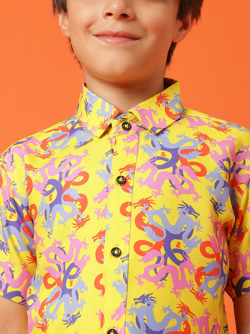 Boys Printed Yellow Rayon Regular Fit Half Sleeve Shirt