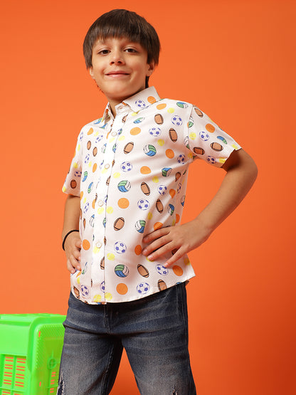 Boys Printed Off-White Rayon Regular Fit Half Sleeve Shirt