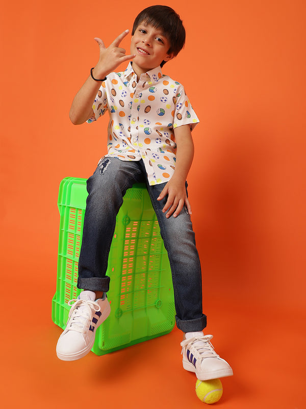 Boys Printed Off-White Rayon Regular Fit Half Sleeve Shirt