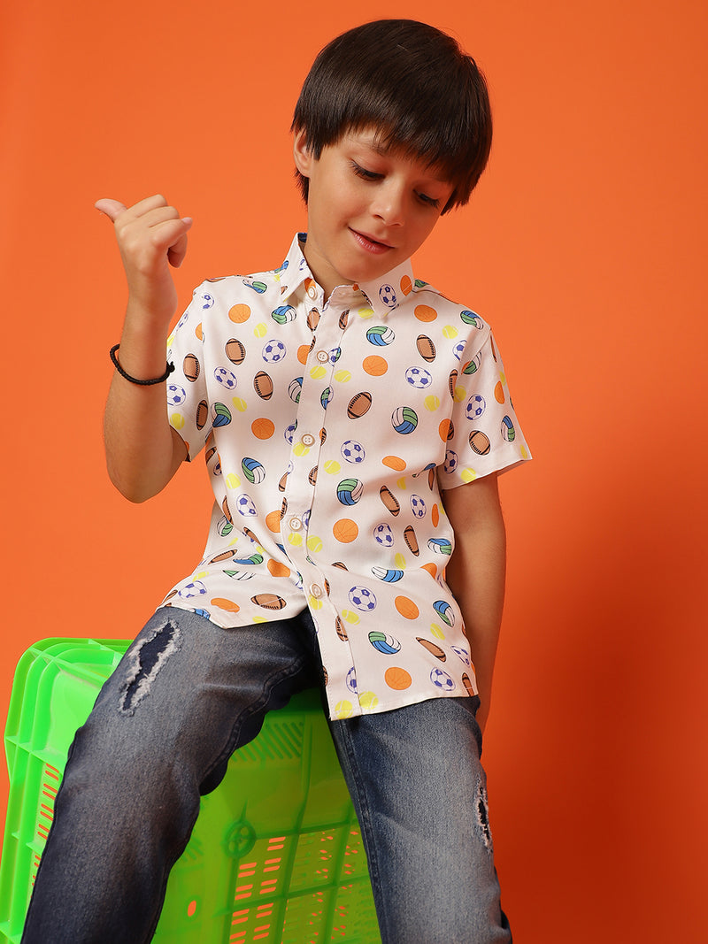 Boys Printed Off-White Rayon Regular Fit Half Sleeve Shirt