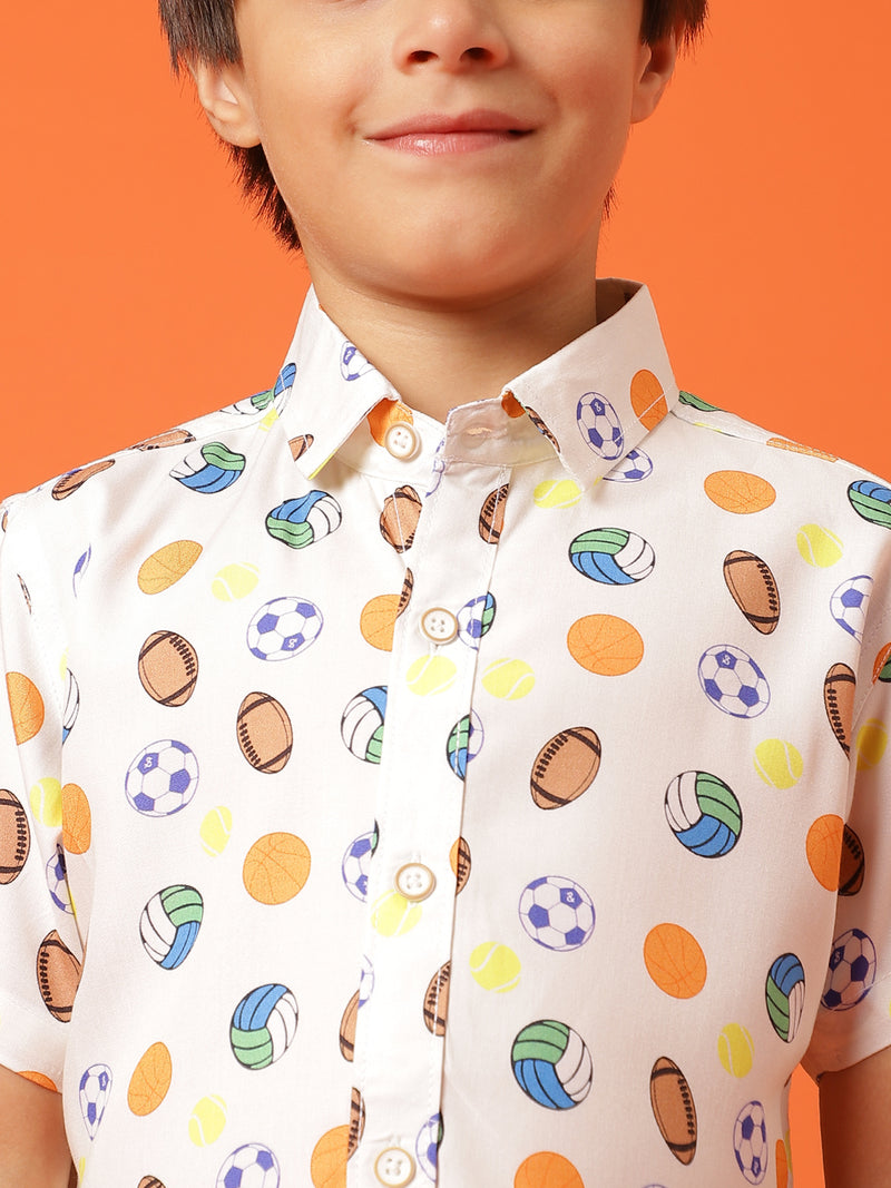 Boys Printed Off-White Rayon Regular Fit Half Sleeve Shirt