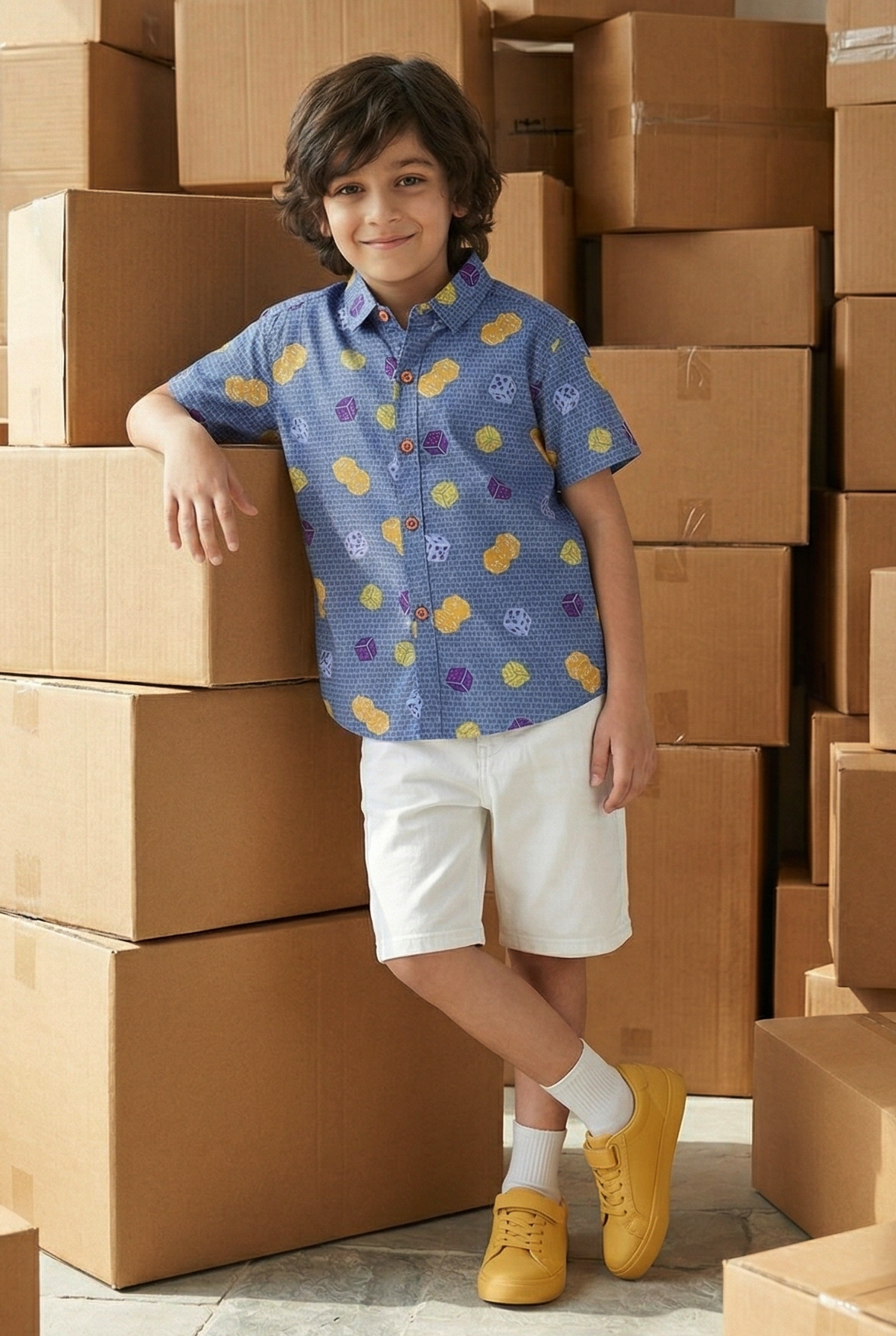 Boys Navy Blue Rayon Printed Regular Fit Shirt