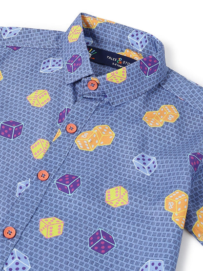 Boys Navy Blue Rayon Printed Regular Fit Shirt