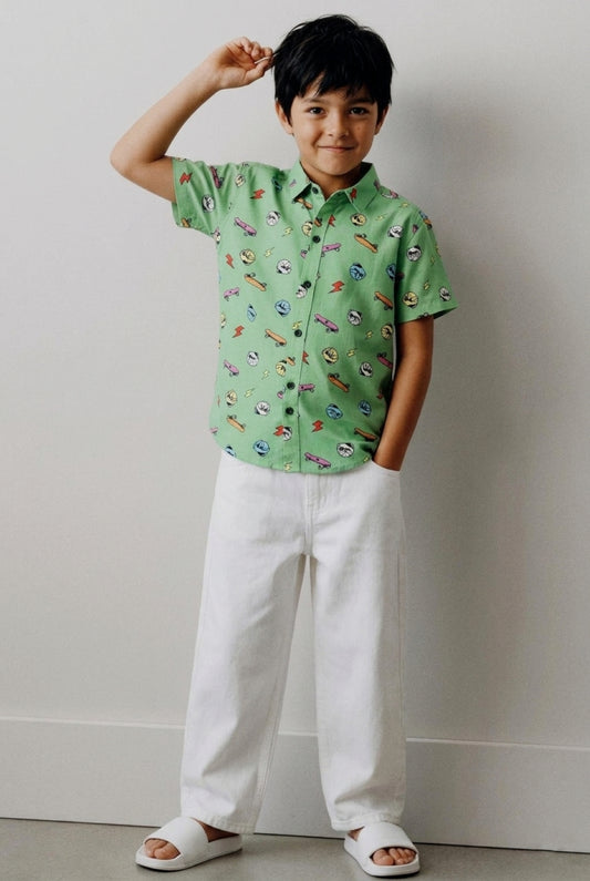 Boys Green Rayon Printed Regular Fit Shirt