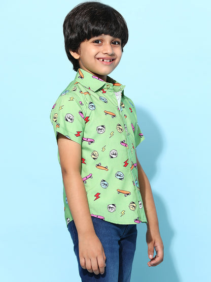 Boys Green Rayon Printed Regular Fit Shirt