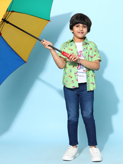 Boys Green Rayon Printed Regular Fit Shirt