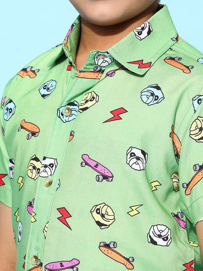 Boys Green Rayon Printed Regular Fit Shirt