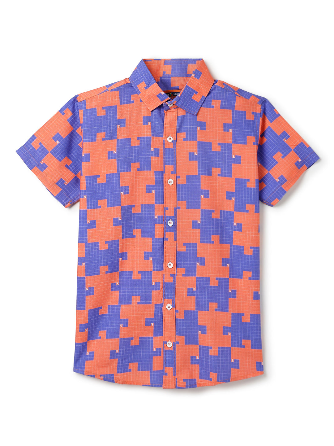 Boys Orange & Blue Half Sleeves Viscos Printed Regular Fit Shirt