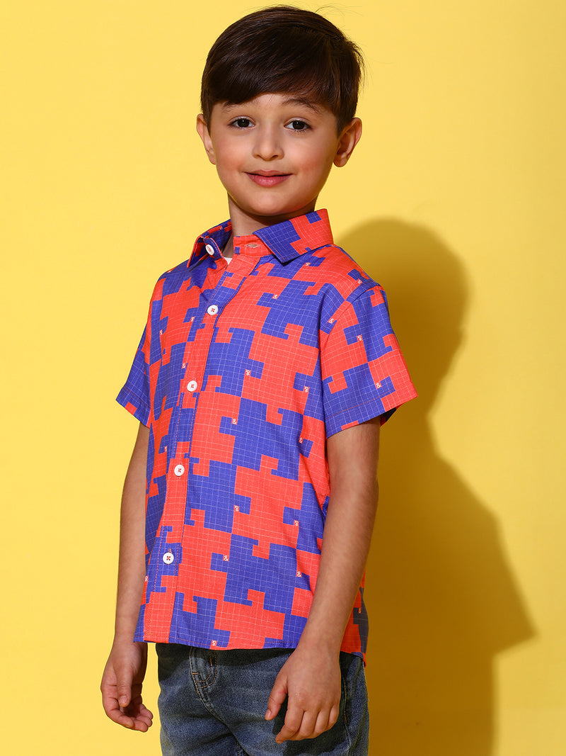 Boys Orange & Blue Half Sleeves Viscos Printed Regular Fit Shirt