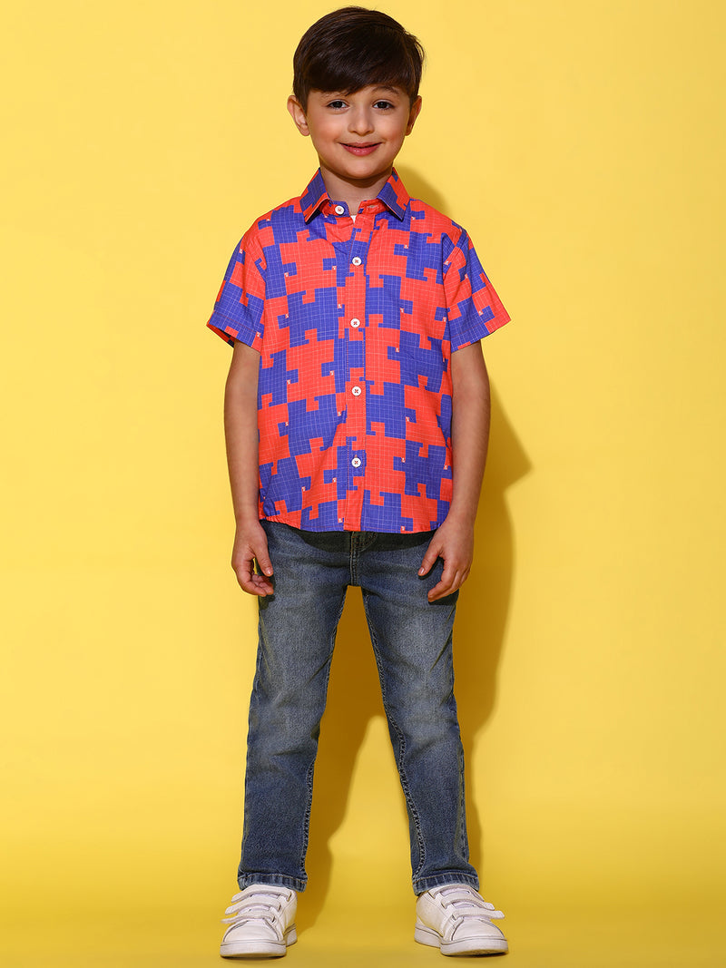 Boys Orange & Blue Half Sleeves Viscos Printed Regular Fit Shirt