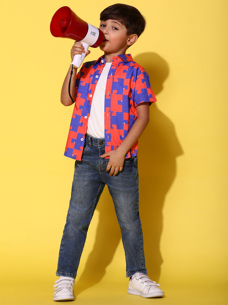 Boys Orange & Blue Half Sleeves Viscos Printed Regular Fit Shirt