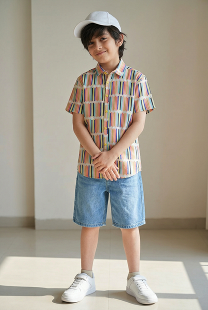 Boys Yellow Half Sleeves Viscos Printed Regular Fit Shirt