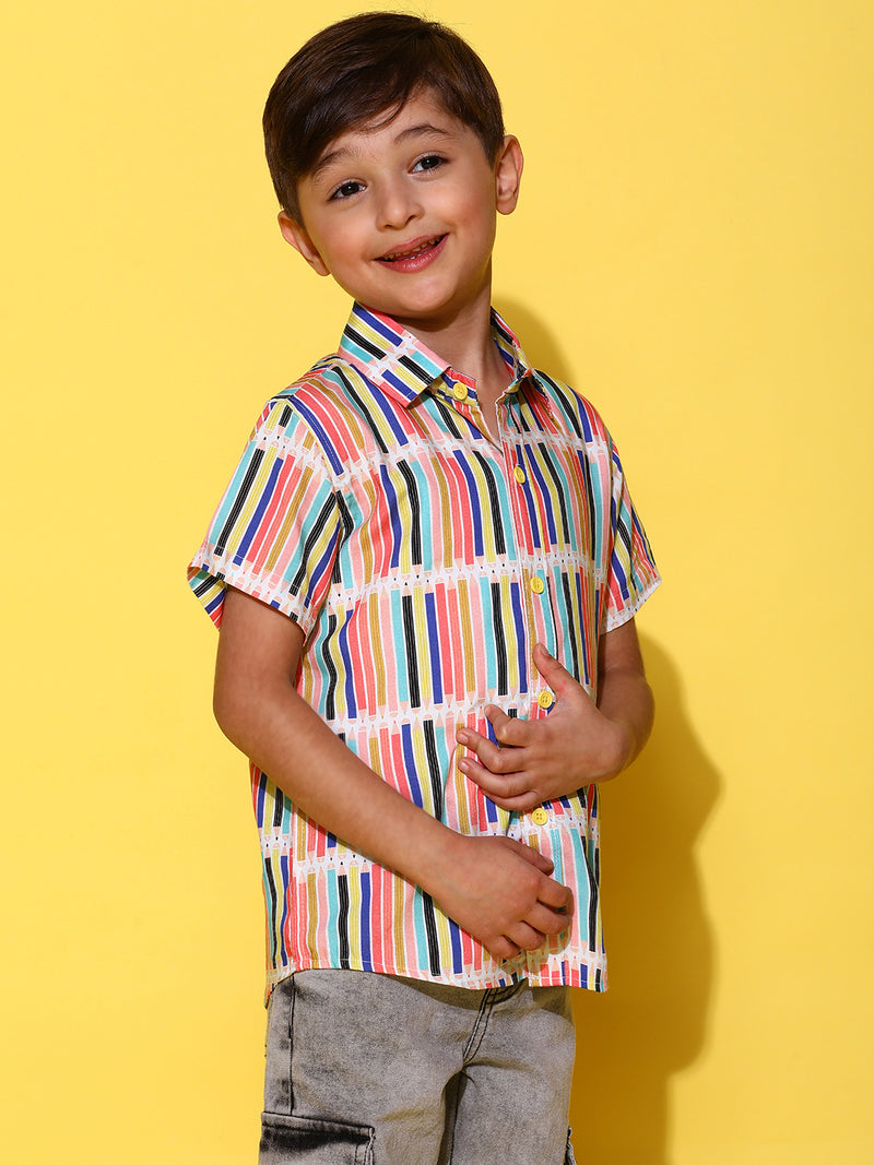 Boys Yellow Half Sleeves Viscos Printed Regular Fit Shirt