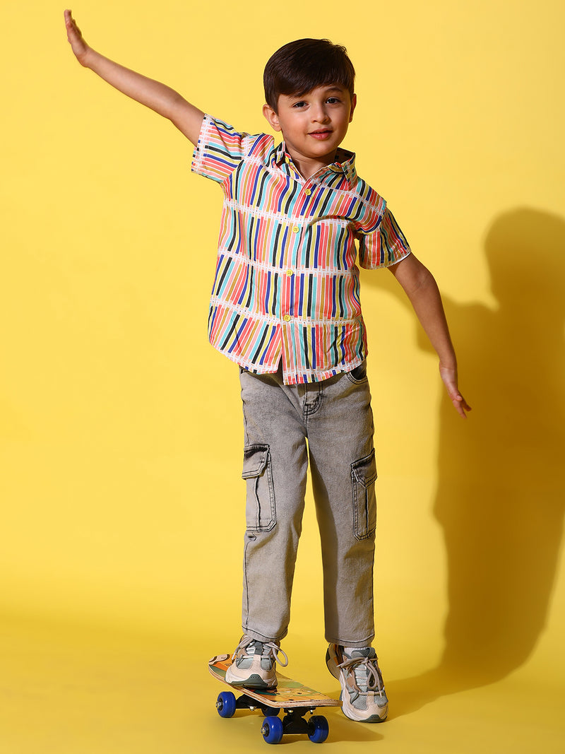 Boys Yellow Half Sleeves Viscos Printed Regular Fit Shirt