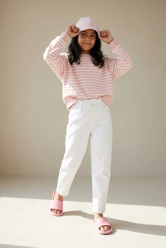 Girls White Solid Cotton Jeans