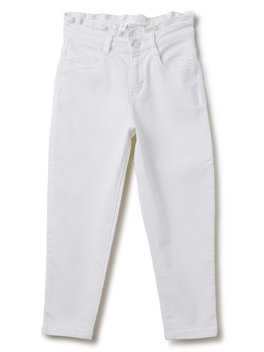 Girls White Solid Cotton Jeans