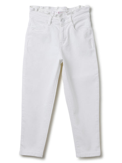 Girls White Solid Cotton Jeans