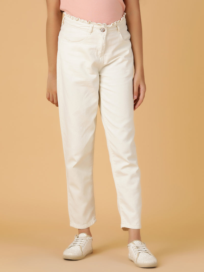 Girls White Solid Cotton Jeans