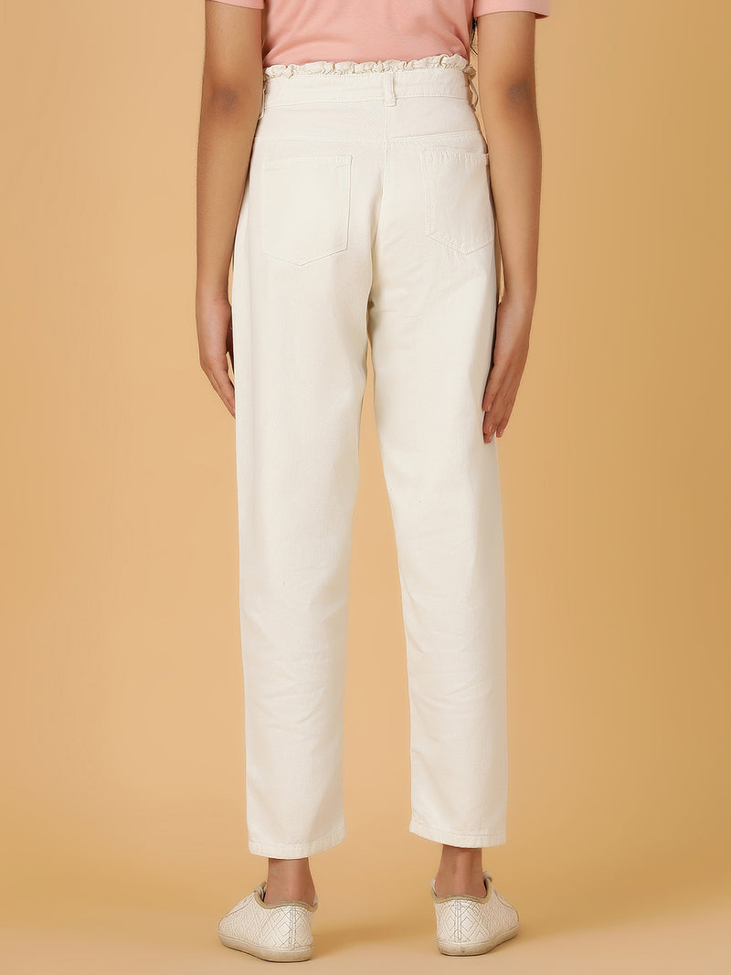 Girls White Solid Cotton Jeans