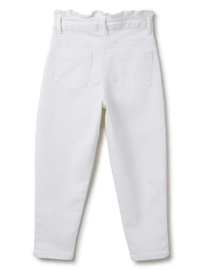 Girls White Solid Cotton Jeans