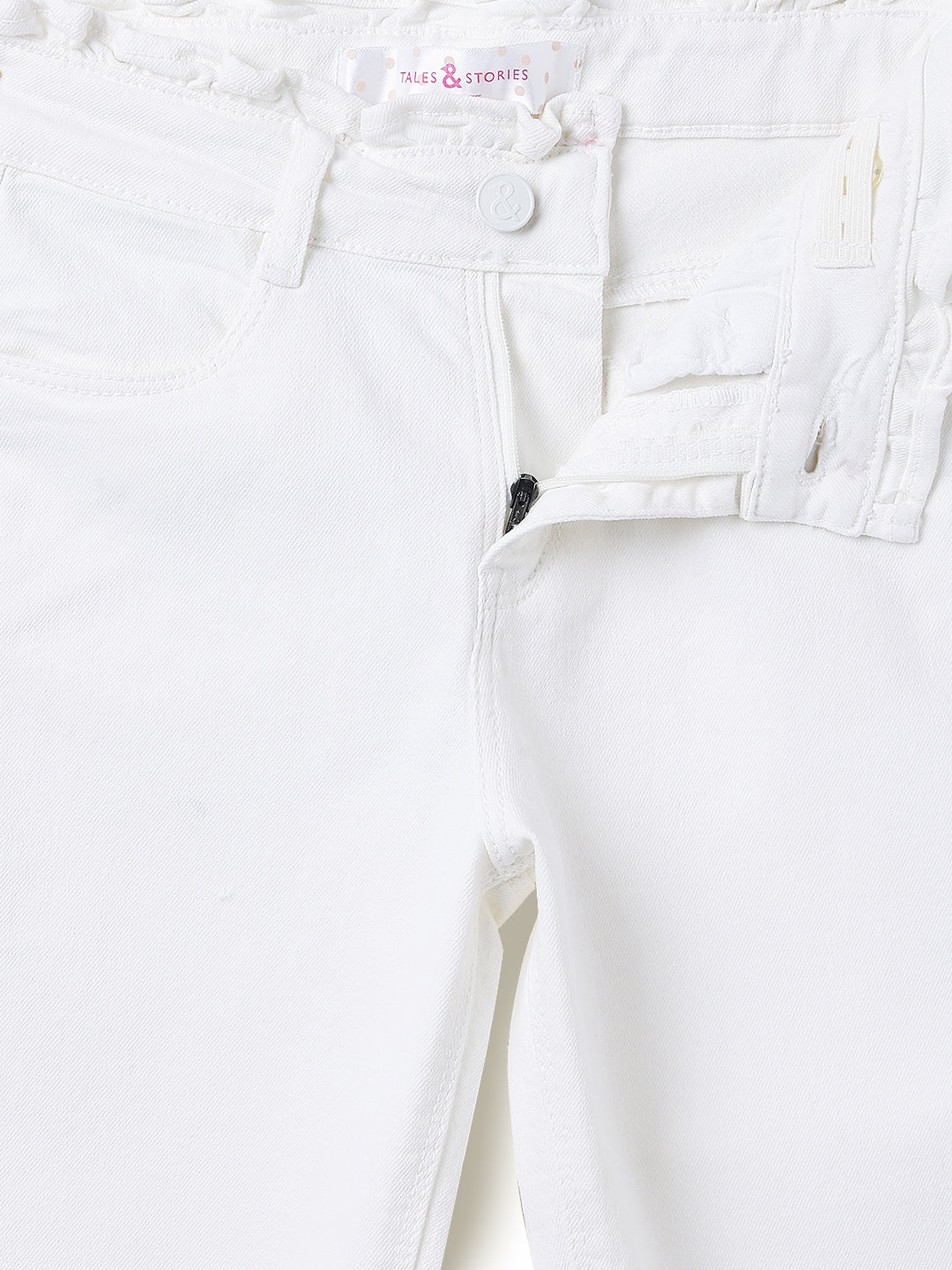 Girls White Solid Cotton Jeans