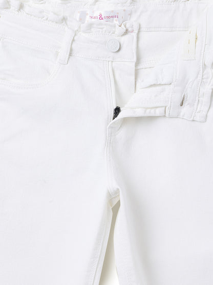 Girls White Solid Cotton Jeans