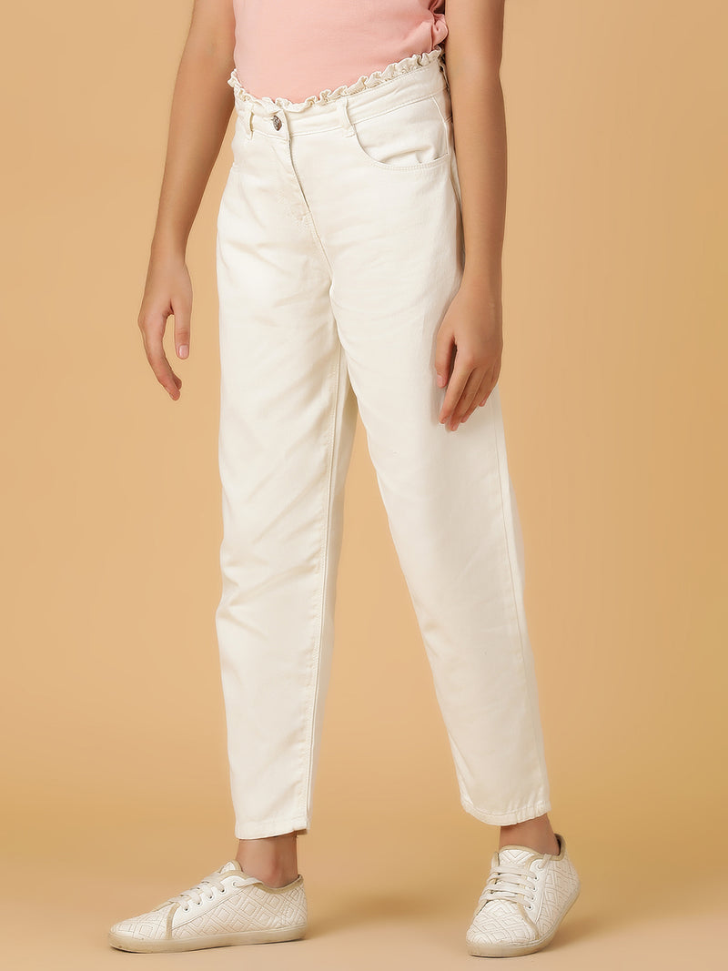 Girls White Solid Cotton Jeans