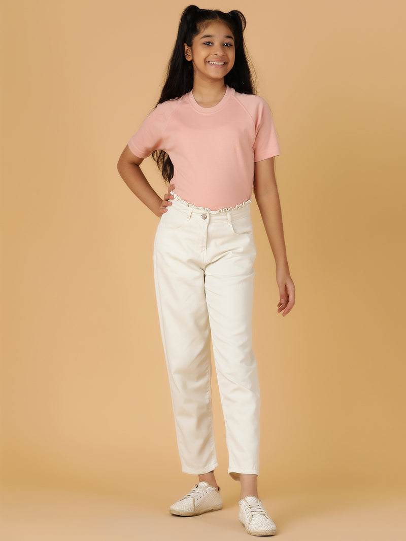 Girls White Solid Cotton Jeans