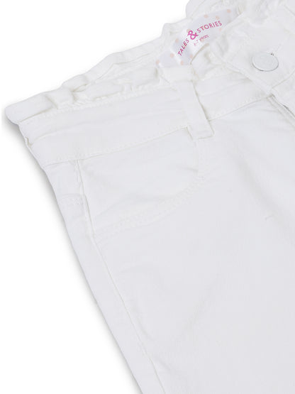 Girls White Solid Cotton Jeans
