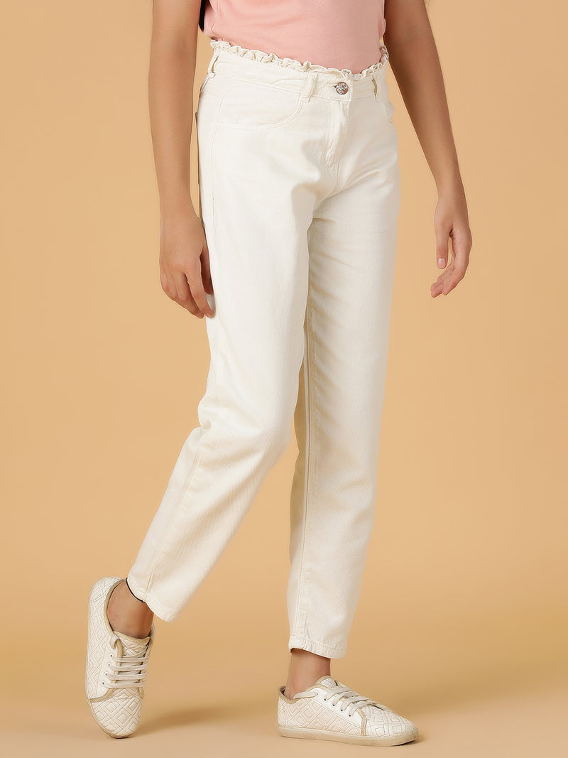 Girls White Solid Cotton Jeans