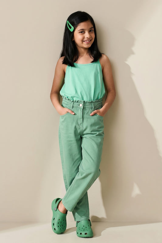 Girls Green Solid Cotton Jeans