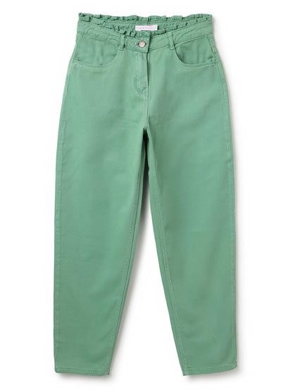 Girls Green Solid Cotton Jeans