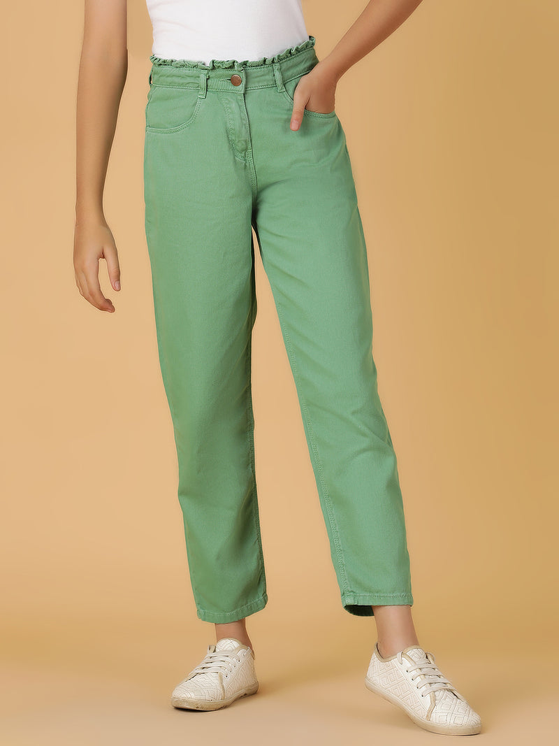 Girls Green Solid Cotton Jeans