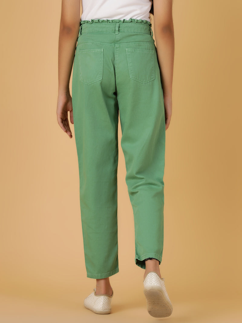 Girls Green Solid Cotton Jeans