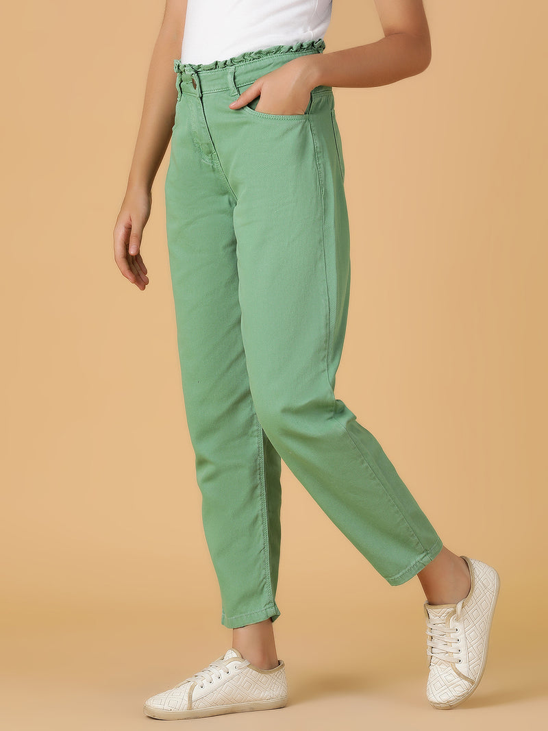 Girls Green Solid Cotton Jeans