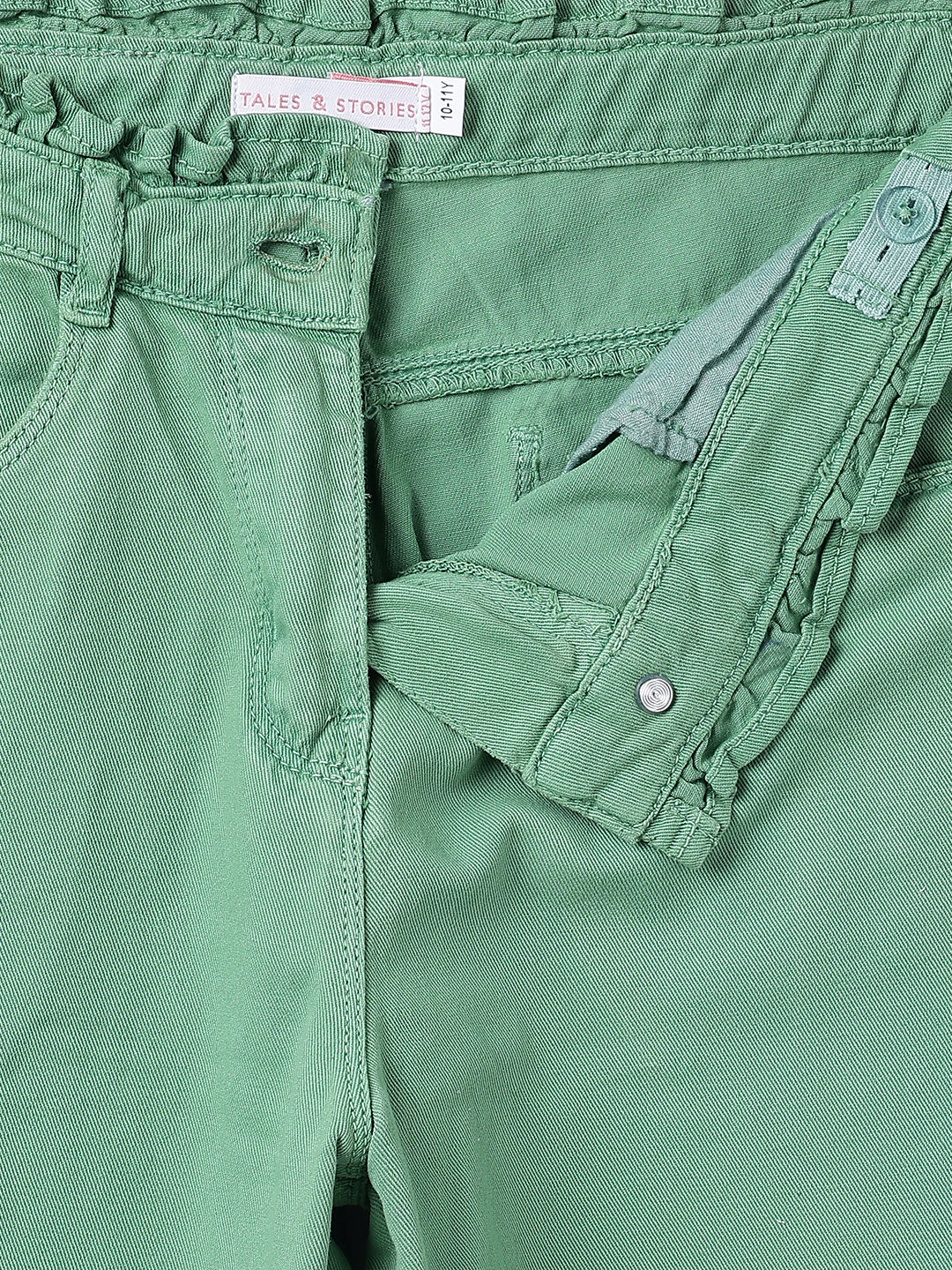 Girls Green Solid Cotton Jeans