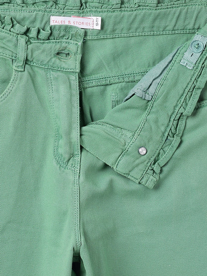 Girls Green Solid Cotton Jeans