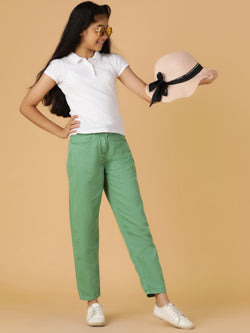 Girls Green Solid Cotton Jeans