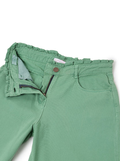 Girls Green Solid Cotton Jeans