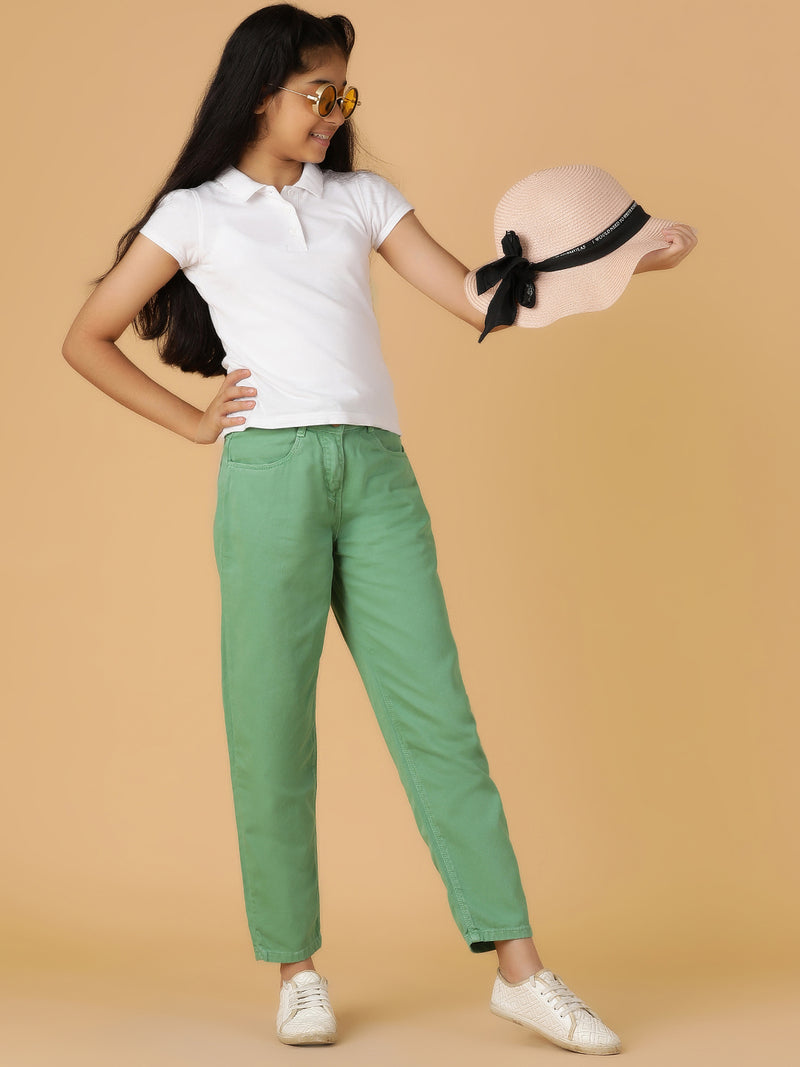 Girls Green Solid Cotton Jeans