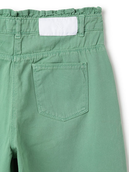 Girls Green Solid Cotton Jeans