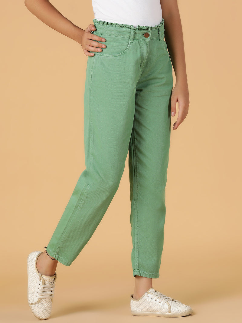 Girls Green Solid Cotton Jeans