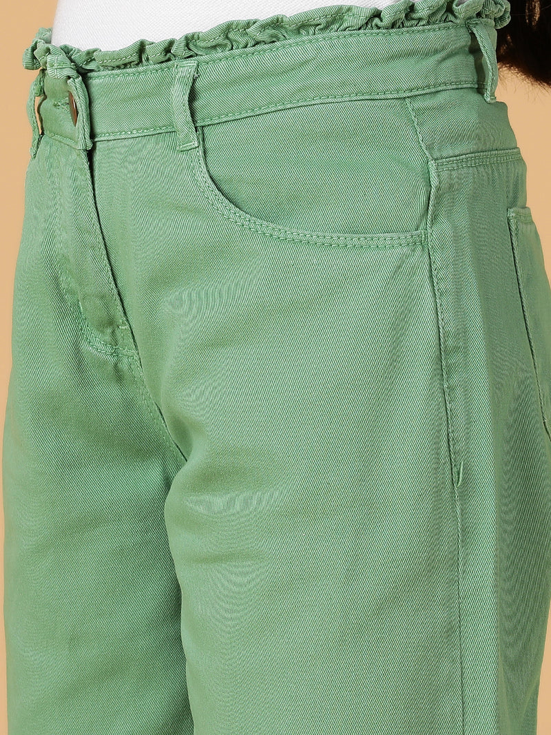 Girls Green Solid Cotton Jeans