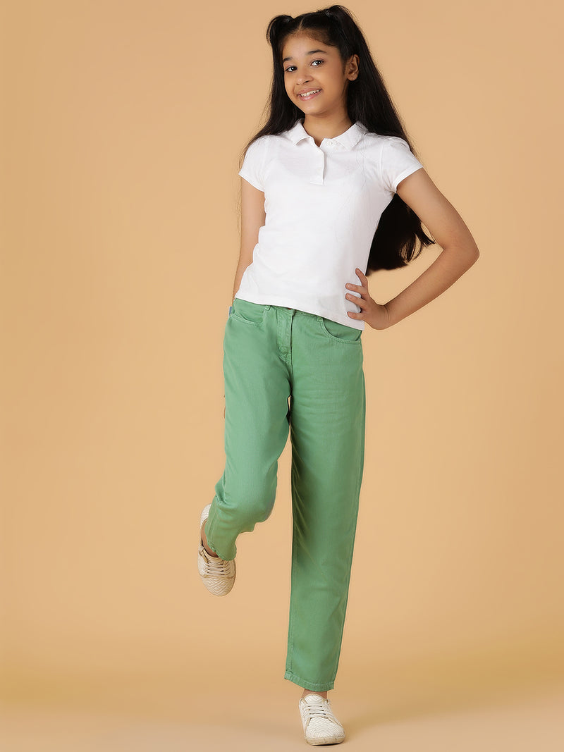 Girls Green Solid Cotton Jeans