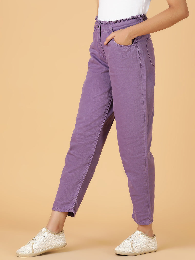 Girls Purple Solid Cotton Jeans