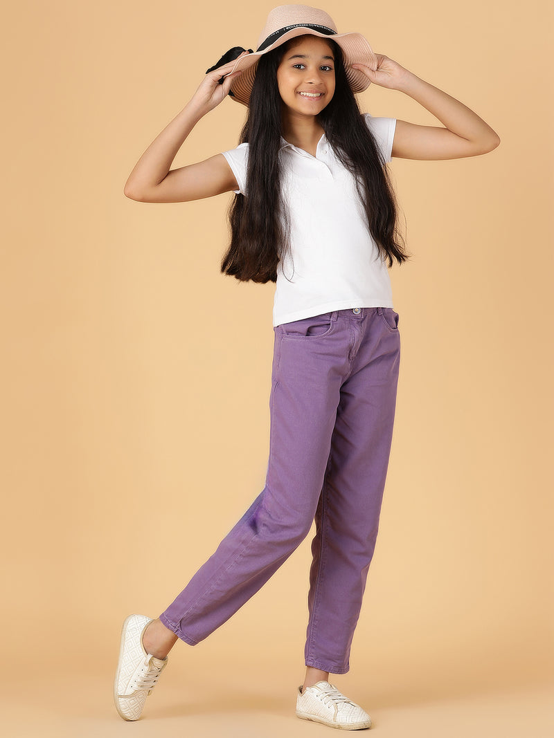 Girls Purple Solid Cotton Jeans