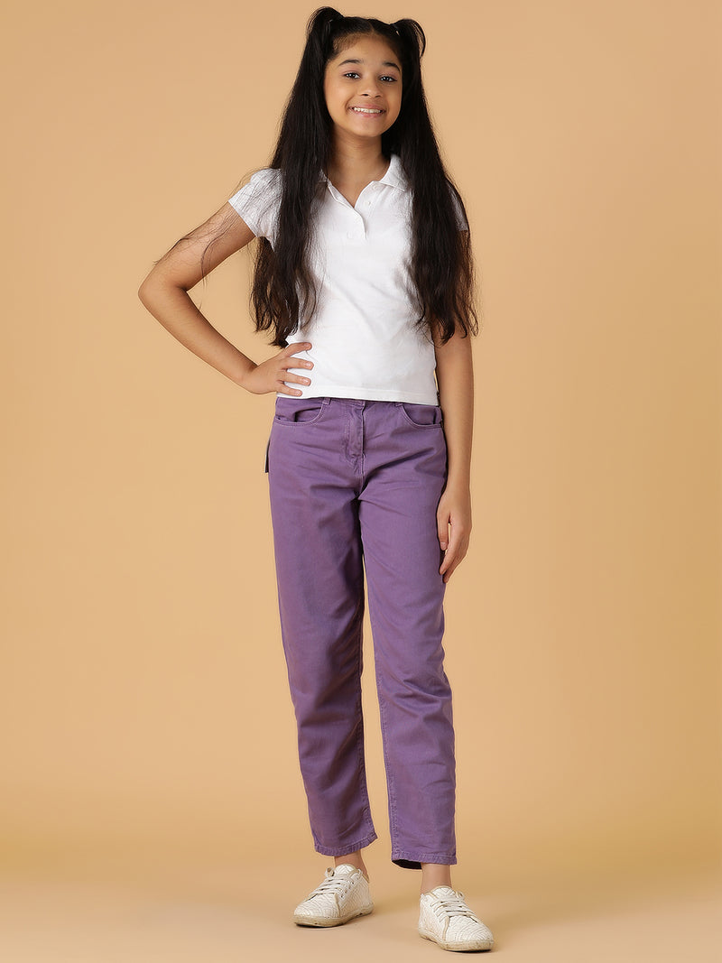 Girls Purple Solid Cotton Jeans