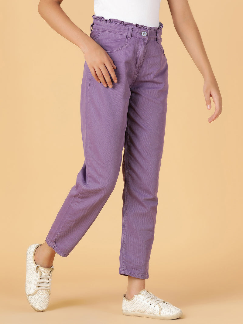 Girls Purple Solid Cotton Jeans